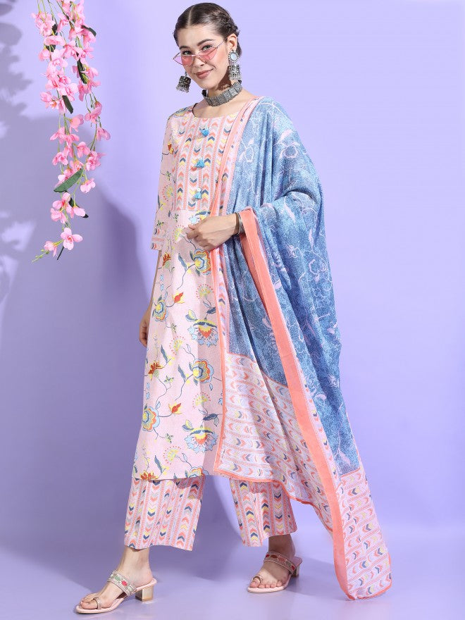 Vishudh Womens Straight Kurta With Palazzo And Dupatta - Pink - Image 5