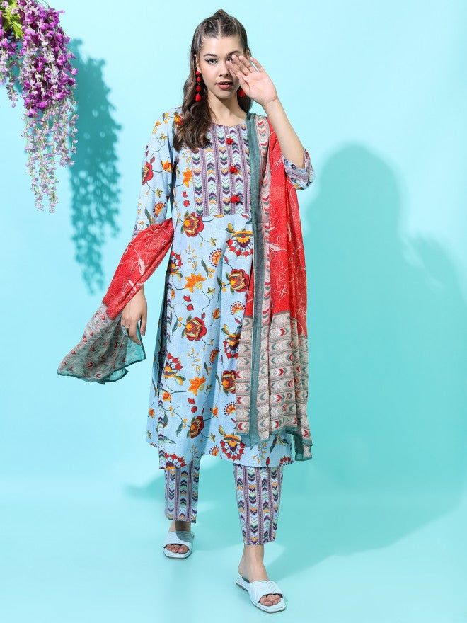 Vishudh Womens Straight Kurta With Palazzo And Dupatta - Blue - Image 1