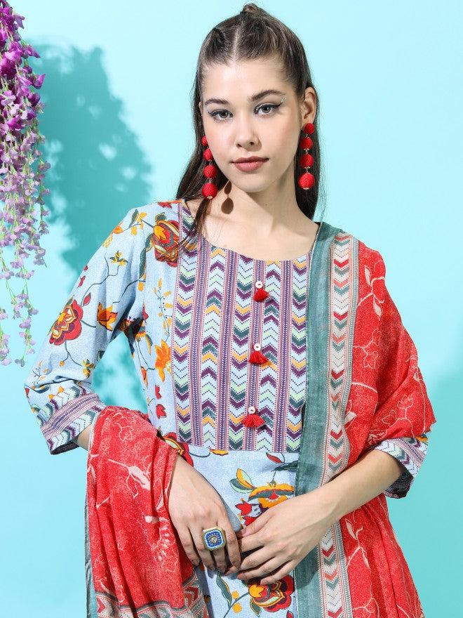 Vishudh Womens Straight Kurta With Palazzo And Dupatta - Blue - Image 2