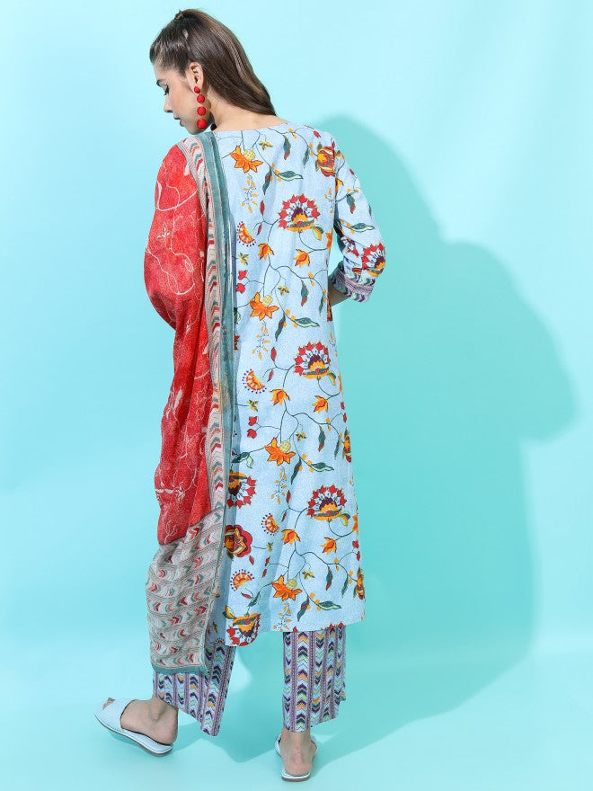 Vishudh Womens Straight Kurta With Palazzo And Dupatta - Blue - Image 3