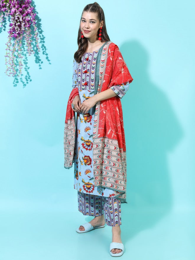 Vishudh Womens Straight Kurta With Palazzo And Dupatta - Blue - Image 4