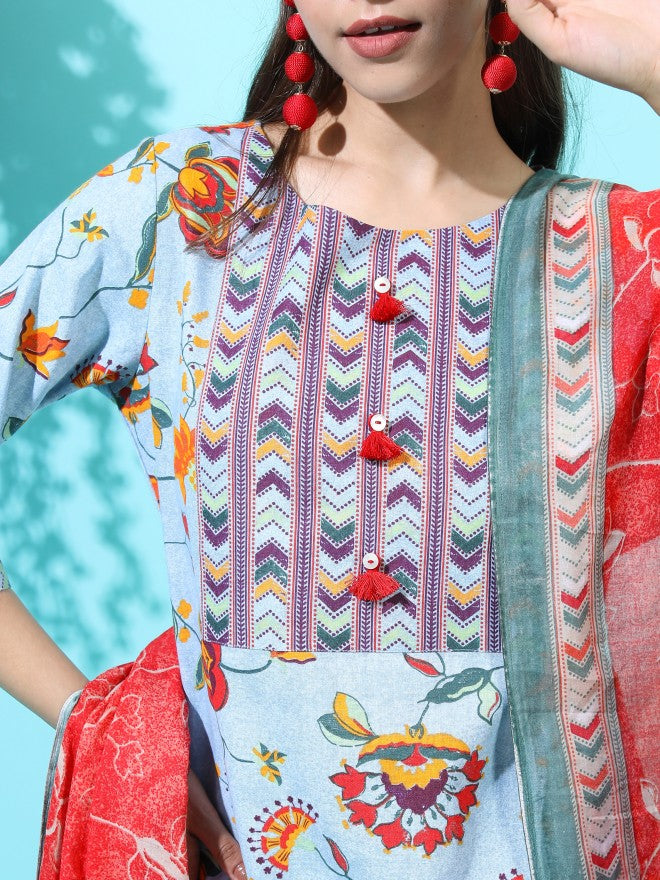 Vishudh Womens Straight Kurta With Palazzo And Dupatta - Blue - Image 5