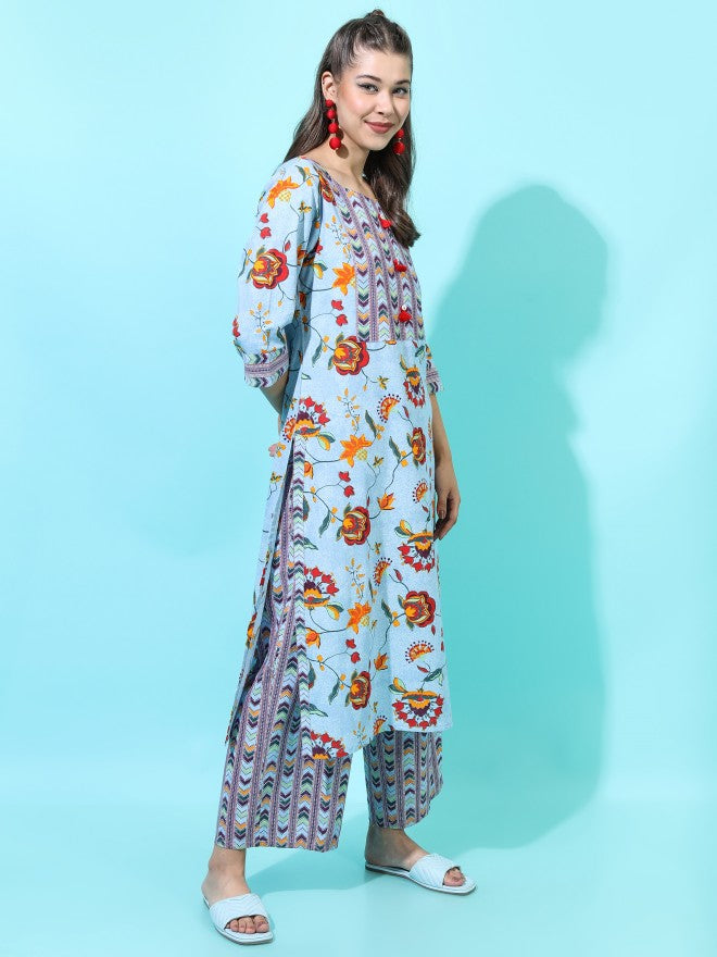 Vishudh Womens Straight Kurta With Palazzo And Dupatta - Blue - Image 7