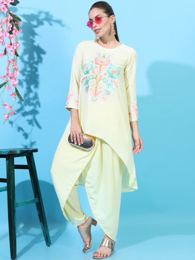 Vishudh Women Yellow Embroidered Viscose High-Low Kurta With Dhoti Pants - Yellow - Image 1