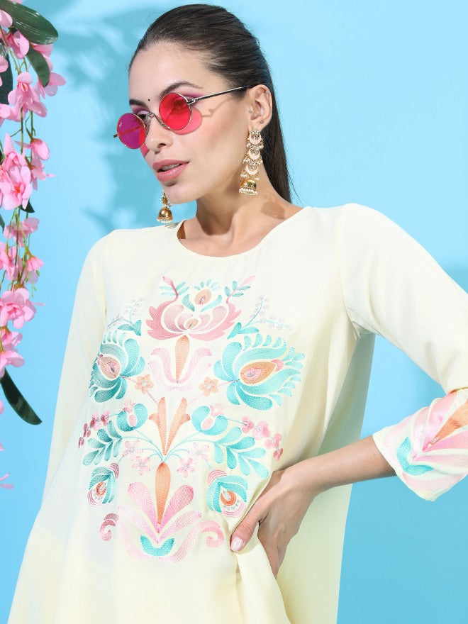 Vishudh Women Yellow Embroidered Viscose High-Low Kurta With Dhoti Pants - Yellow - Image 2