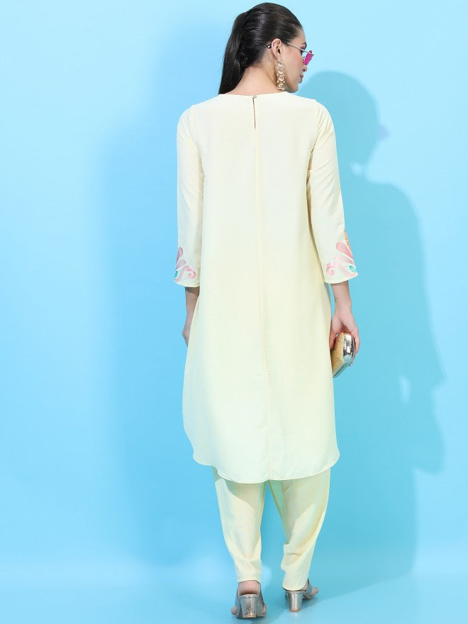 Vishudh Women Yellow Embroidered Viscose High-Low Kurta With Dhoti Pants - Yellow - Image 3