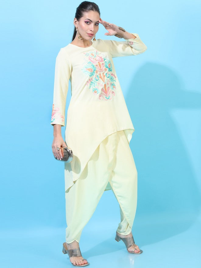 Vishudh Women Yellow Embroidered Viscose High-Low Kurta With Dhoti Pants - Yellow - Image 5
