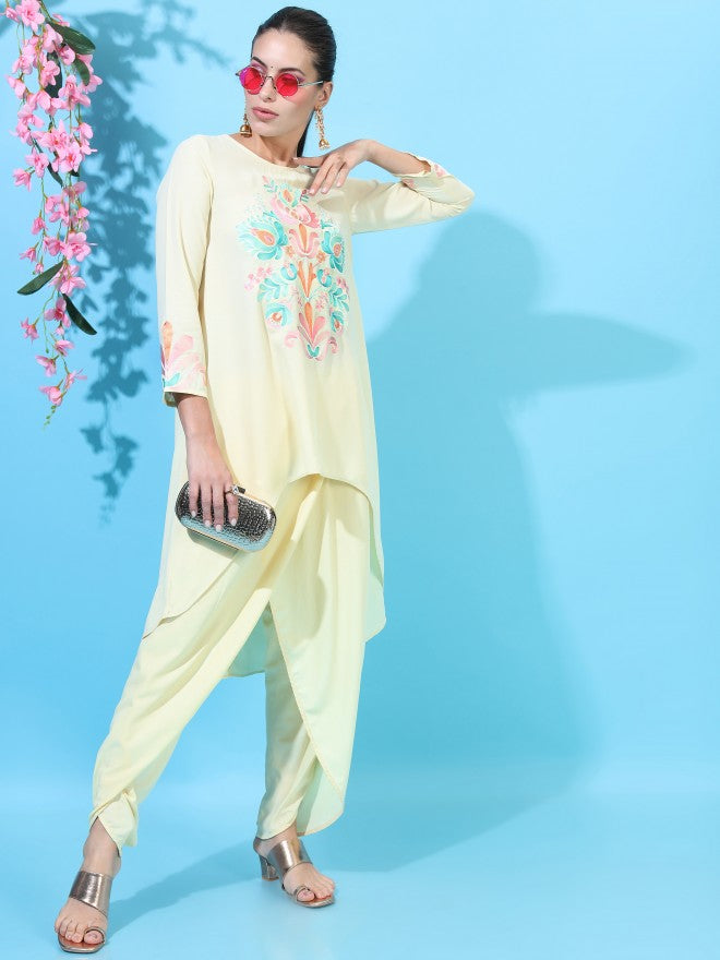 Vishudh Women Yellow Embroidered Viscose High-Low Kurta With Dhoti Pants - Yellow - Image 6
