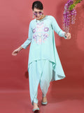 Vishudh Women Blue Embroidered Viscose High-Low Kurta With Dhoti Pants - Blue - Image 1
