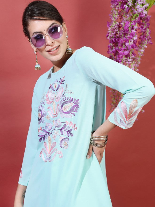 Vishudh Women Blue Embroidered Viscose High-Low Kurta With Dhoti Pants - Blue - Image 2