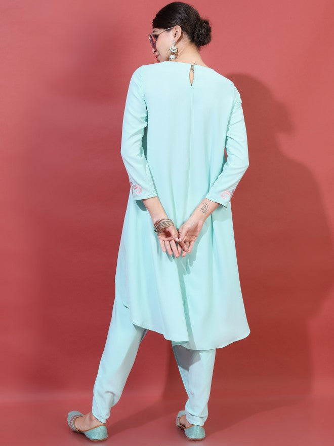 Vishudh Women Blue Embroidered Viscose High-Low Kurta With Dhoti Pants - Blue - Image 3