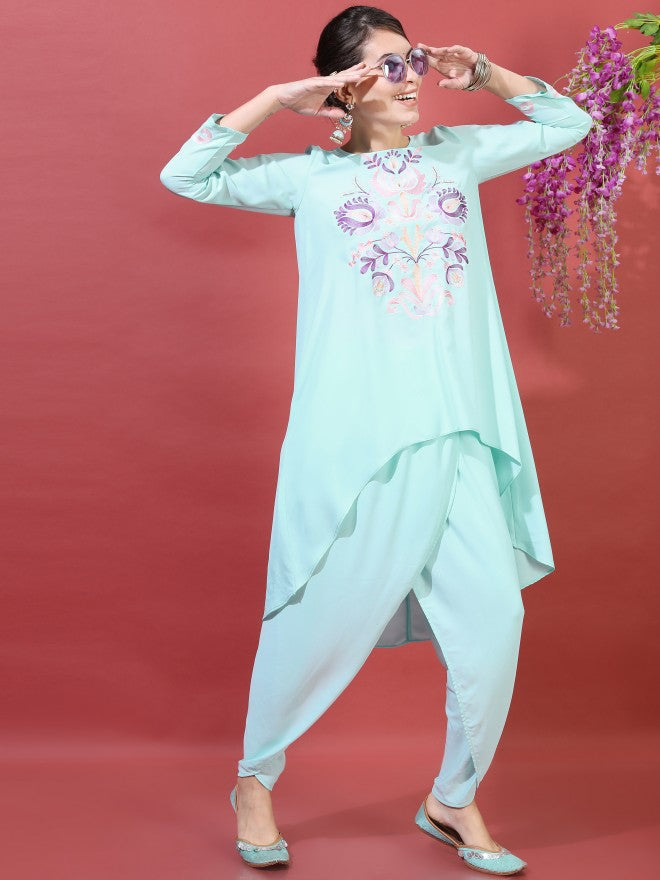 Vishudh Women Blue Embroidered Viscose High-Low Kurta With Dhoti Pants - Blue - Image 5