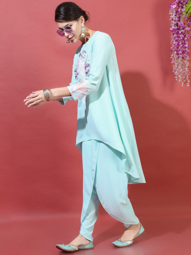 Vishudh Women Blue Embroidered Viscose High-Low Kurta With Dhoti Pants - Blue - Image 6