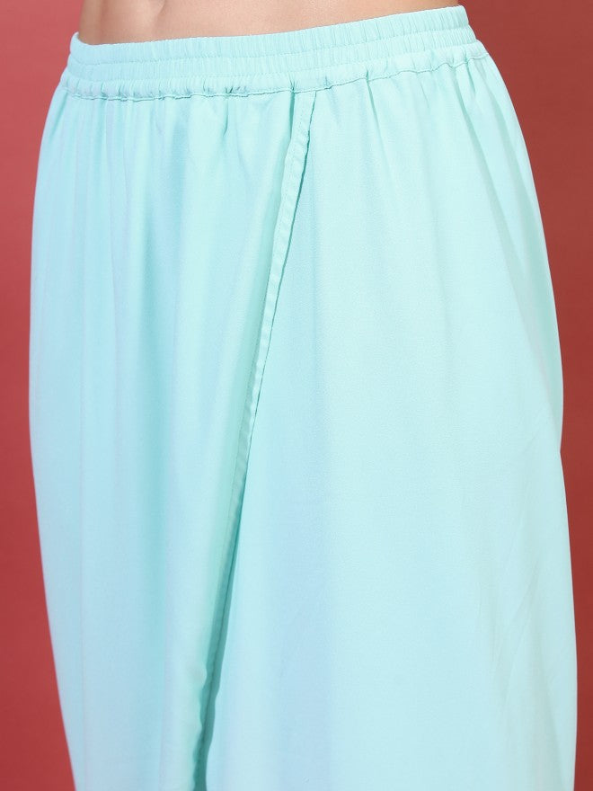 Vishudh Women Blue Embroidered Viscose High-Low Kurta With Dhoti Pants - Blue - Image 7