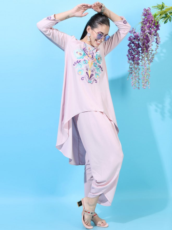 Vishudh Women Pink Embroidered Viscose High-Low Kurta With Dhoti Pants - Pink - Image 1