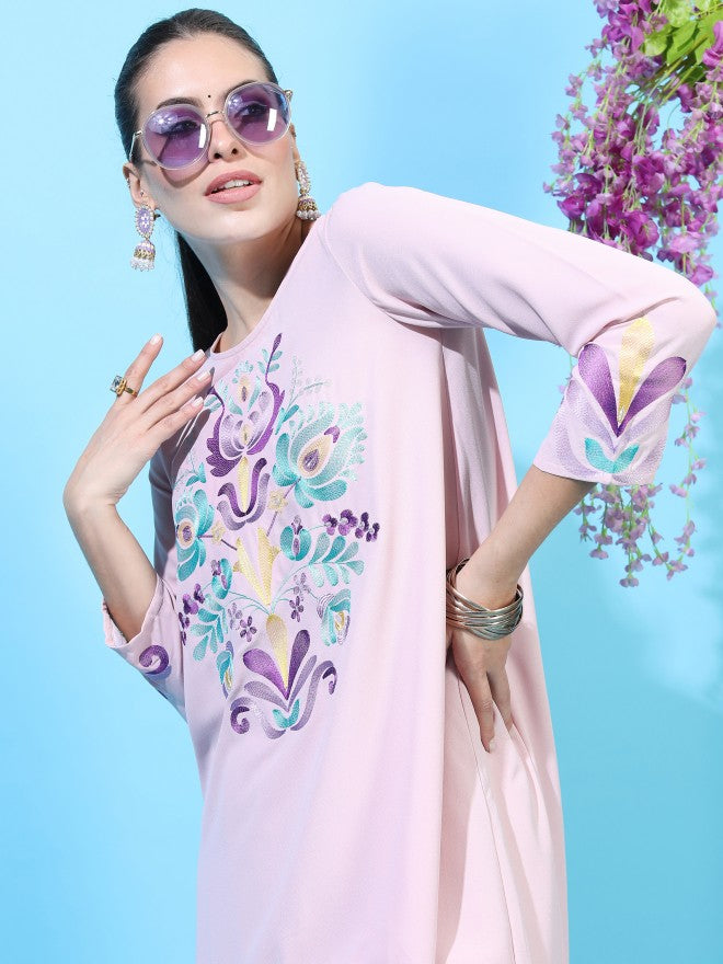 Vishudh Women Pink Embroidered Viscose High-Low Kurta With Dhoti Pants - Pink - Image 2