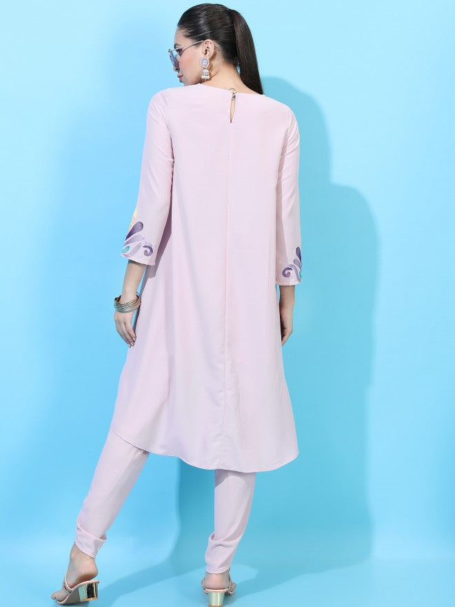 Vishudh Women Pink Embroidered Viscose High-Low Kurta With Dhoti Pants - Pink - Image 3