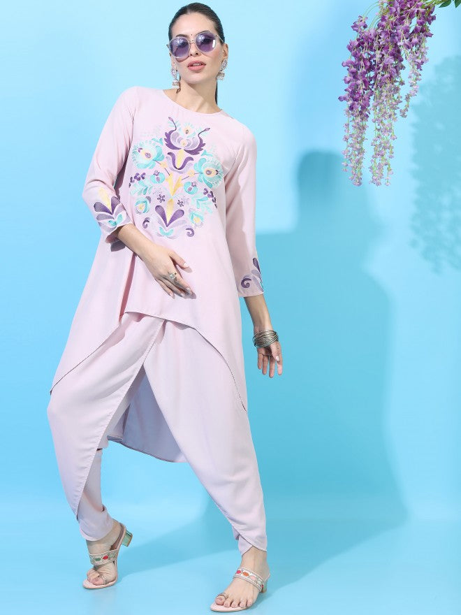 Vishudh Women Pink Embroidered Viscose High-Low Kurta With Dhoti Pants - Pink - Image 5