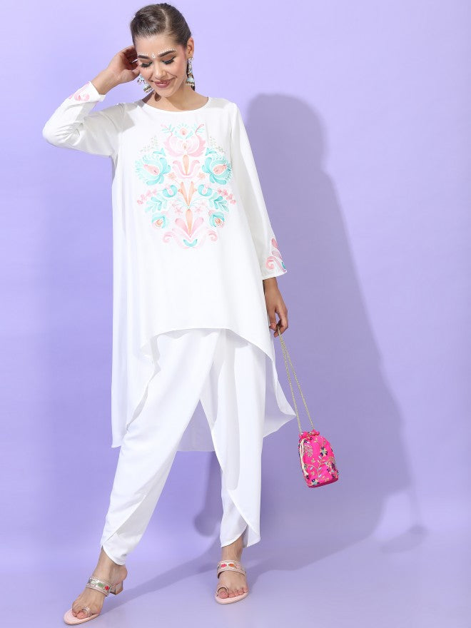 Vishudh Women White Floral Printed High-Low Kurta with Dhoti Pant - White - Image 1