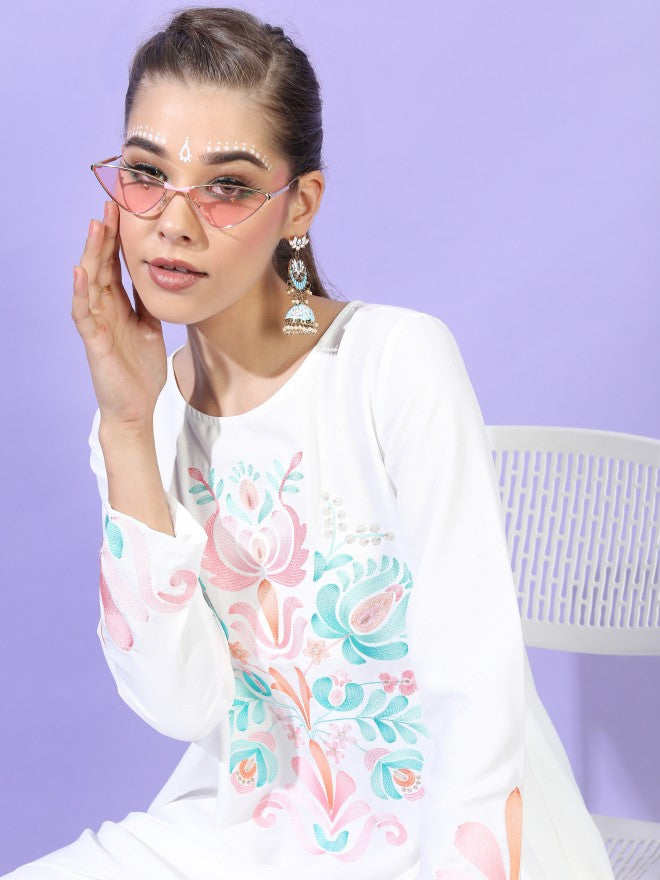 Vishudh Women White Floral Printed High-Low Kurta with Dhoti Pant - White - Image 2