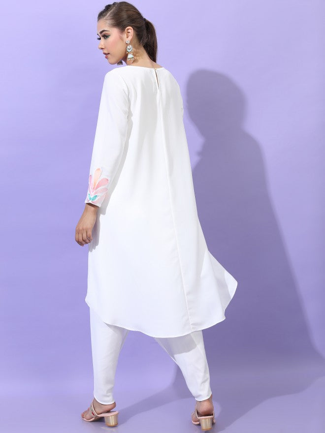 Vishudh Women White Floral Printed High-Low Kurta with Dhoti Pant - White - Image 3