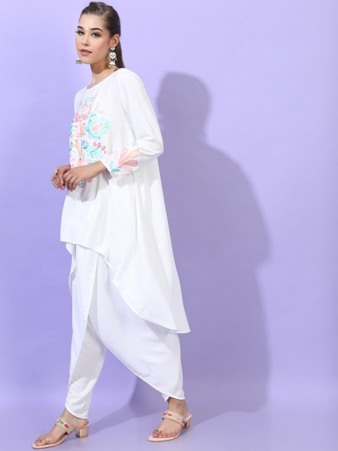 Vishudh Women White Floral Printed High-Low Kurta with Dhoti Pant - White - Image 5