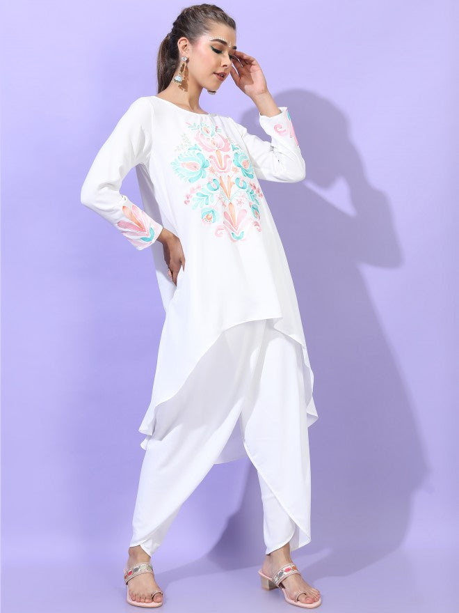 Vishudh Women White Floral Printed High-Low Kurta with Dhoti Pant - White - Image 6