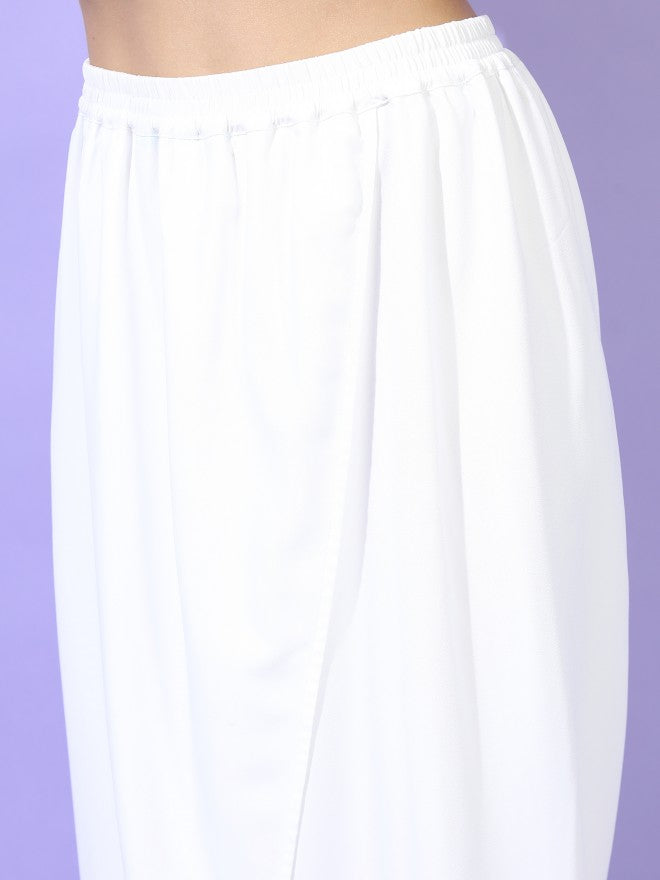 Vishudh Women White Floral Printed High-Low Kurta with Dhoti Pant - White - Image 7