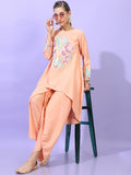 Vishudh Women Orange Floral Printed High-Low Kurta with Dhoti Pant - Orange - Image 1
