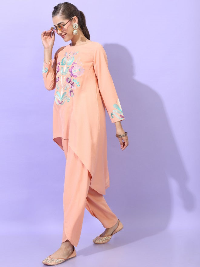 Vishudh Women Orange Floral Printed High-Low Kurta with Dhoti Pant - Orange - Image 2