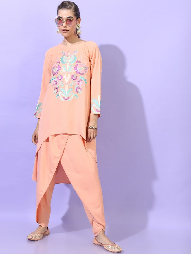 Vishudh Women Orange Floral Printed High-Low Kurta with Dhoti Pant - Orange - Image 5