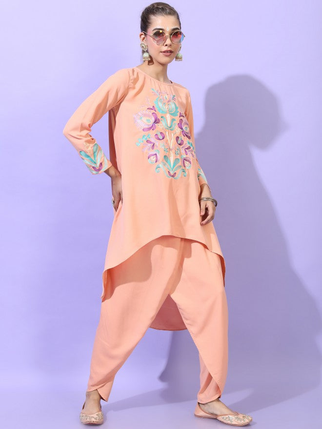 Vishudh Women Orange Floral Printed High-Low Kurta with Dhoti Pant - Orange - Image 6