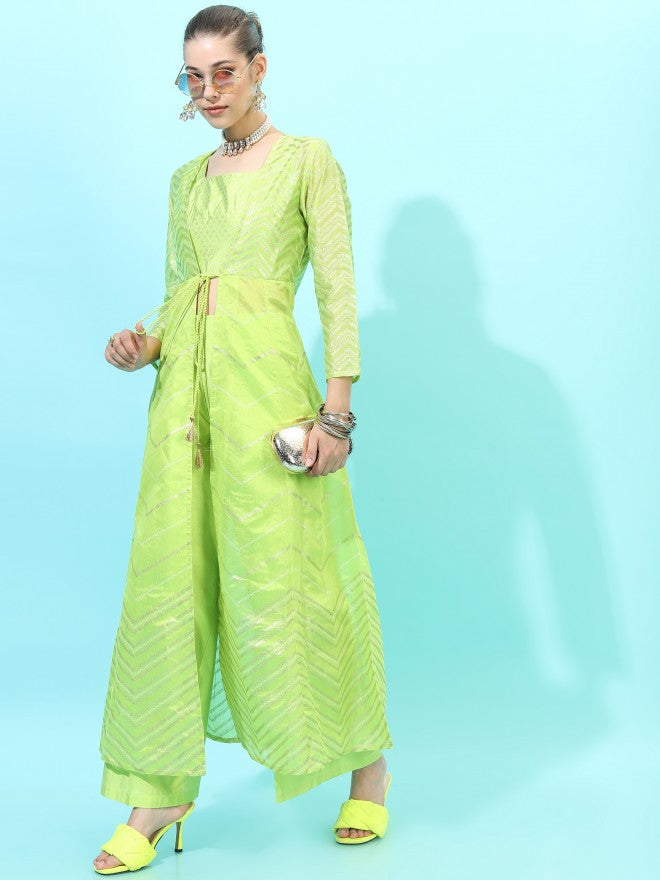 Vishudh Women Crop Top With Palazzo And Jacket - Green - Image 2
