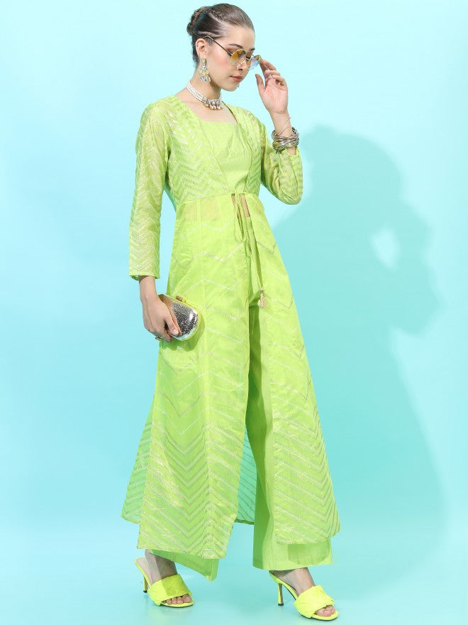 Vishudh Women Crop Top With Palazzo And Jacket - Green - Image 5