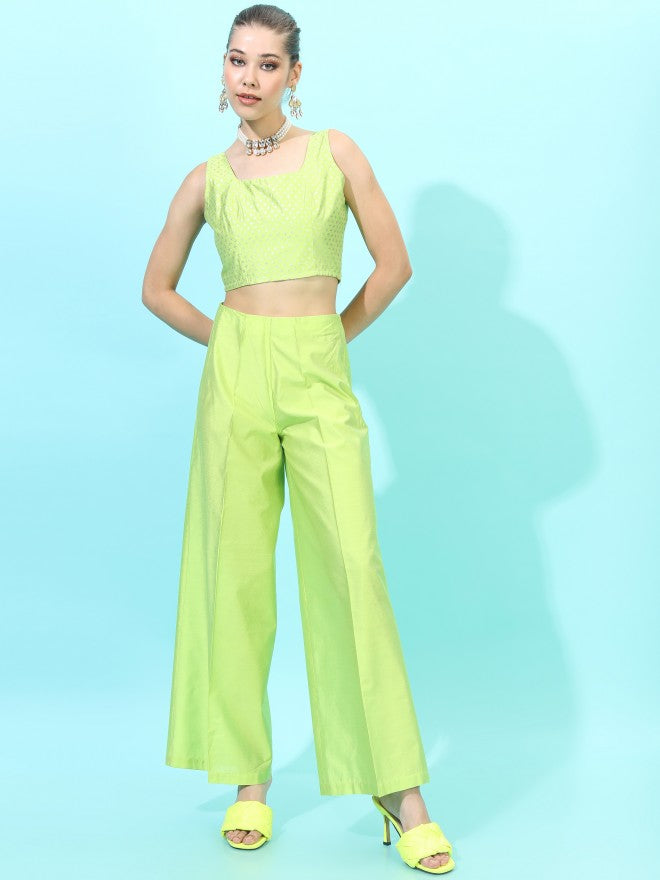 Vishudh Women Crop Top With Palazzo And Jacket - Green - Image 6