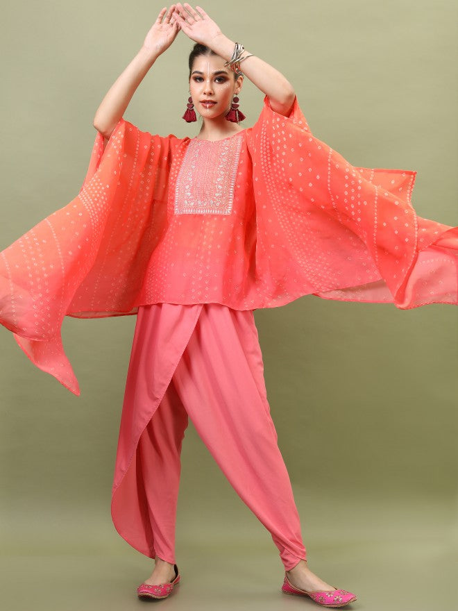 Vishudh Women Embroidered Kaftan Kurta With Dhoti Pant - Orange - Image 1