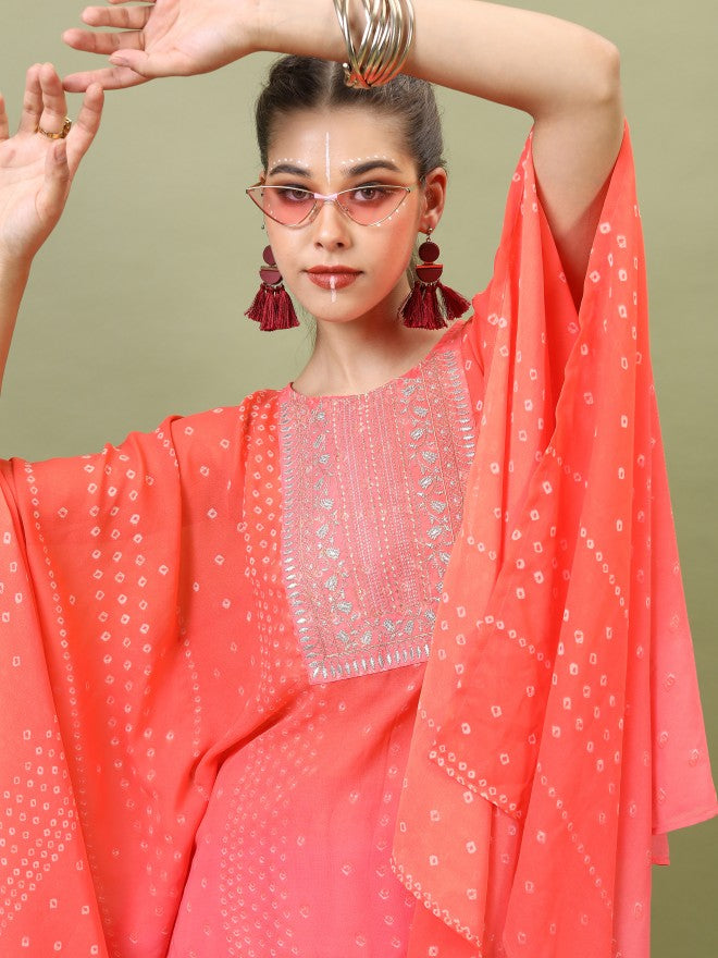 Vishudh Women Embroidered Kaftan Kurta With Dhoti Pant - Orange - Image 2