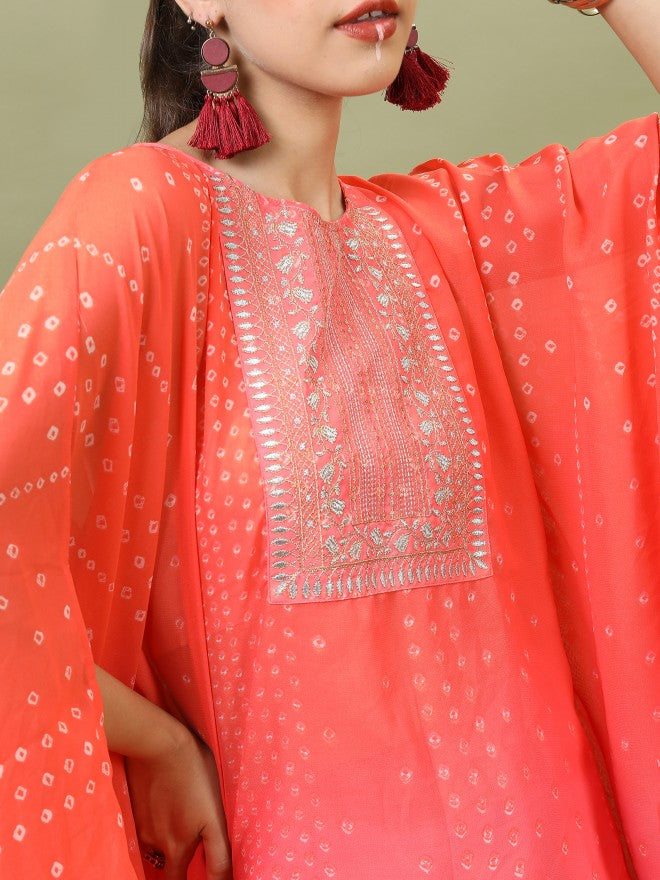 Vishudh Women Embroidered Kaftan Kurta With Dhoti Pant - Orange - Image 4