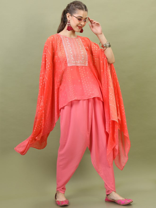 Vishudh Women Embroidered Kaftan Kurta With Dhoti Pant - Orange - Image 5