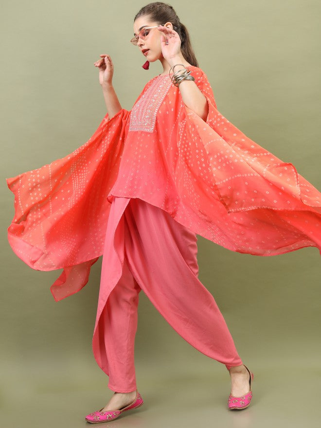 Vishudh Women Embroidered Kaftan Kurta With Dhoti Pant - Orange - Image 6