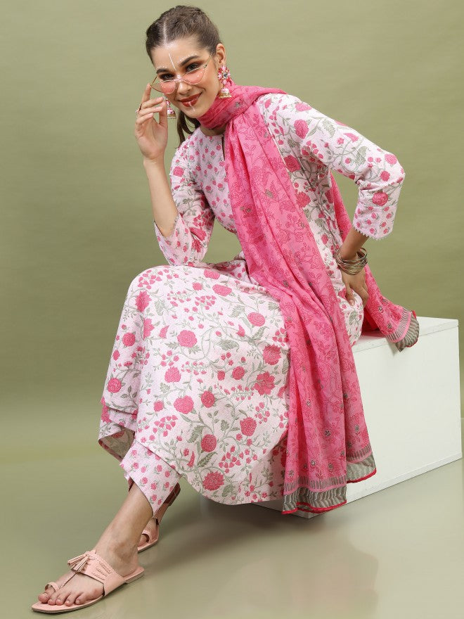 Vishudh Pink Floral Printed Straight Kurta With Palazzo And Dupatta - Pink - Image 1