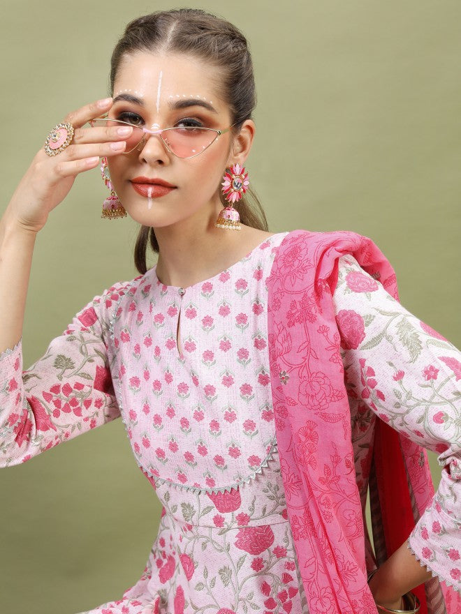 Vishudh Pink Floral Printed Straight Kurta With Palazzo And Dupatta - Pink - Image 2