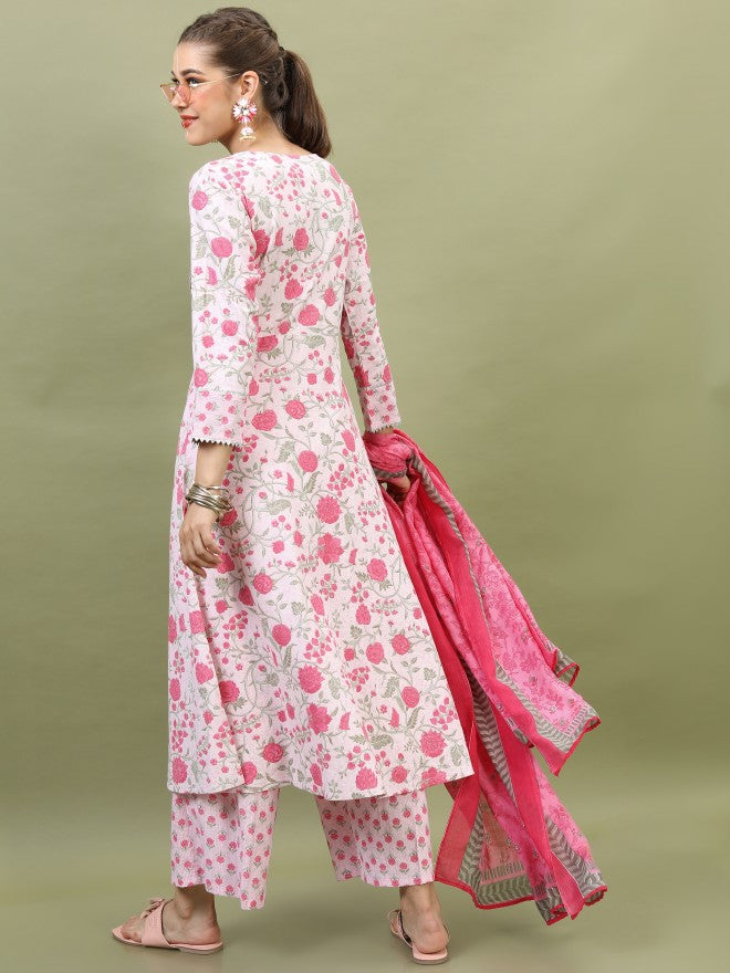 Vishudh Pink Floral Printed Straight Kurta With Palazzo And Dupatta - Pink - Image 3