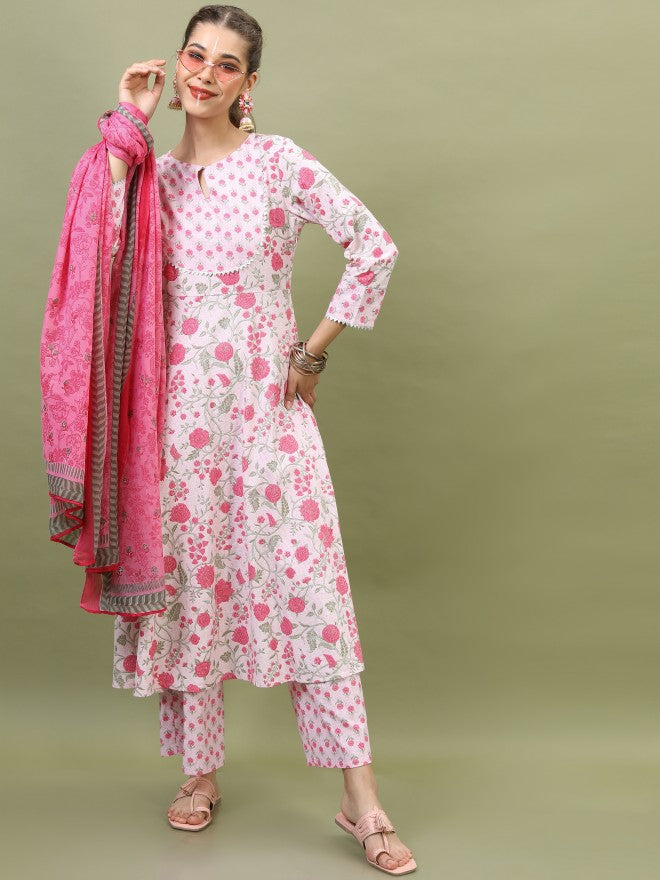 Vishudh Pink Floral Printed Straight Kurta With Palazzo And Dupatta - Pink - Image 5