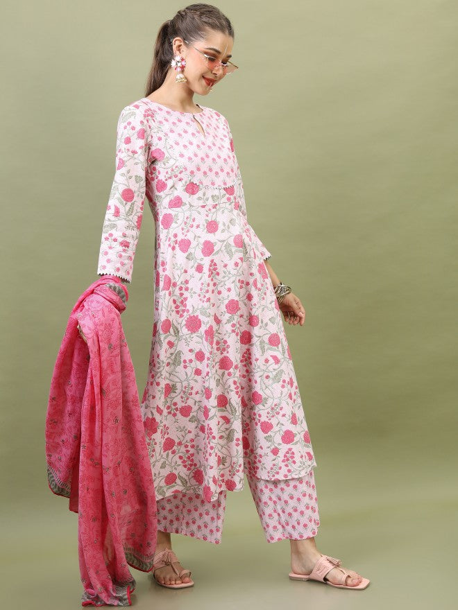 Vishudh Pink Floral Printed Straight Kurta With Palazzo And Dupatta - Pink - Image 6