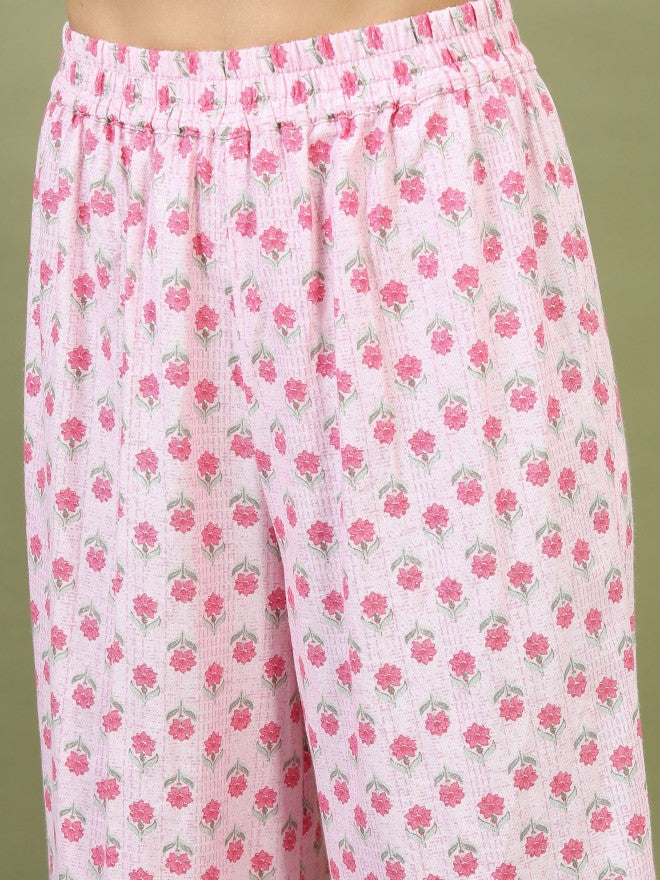 Vishudh Pink Floral Printed Straight Kurta With Palazzo And Dupatta - Pink - Image 7
