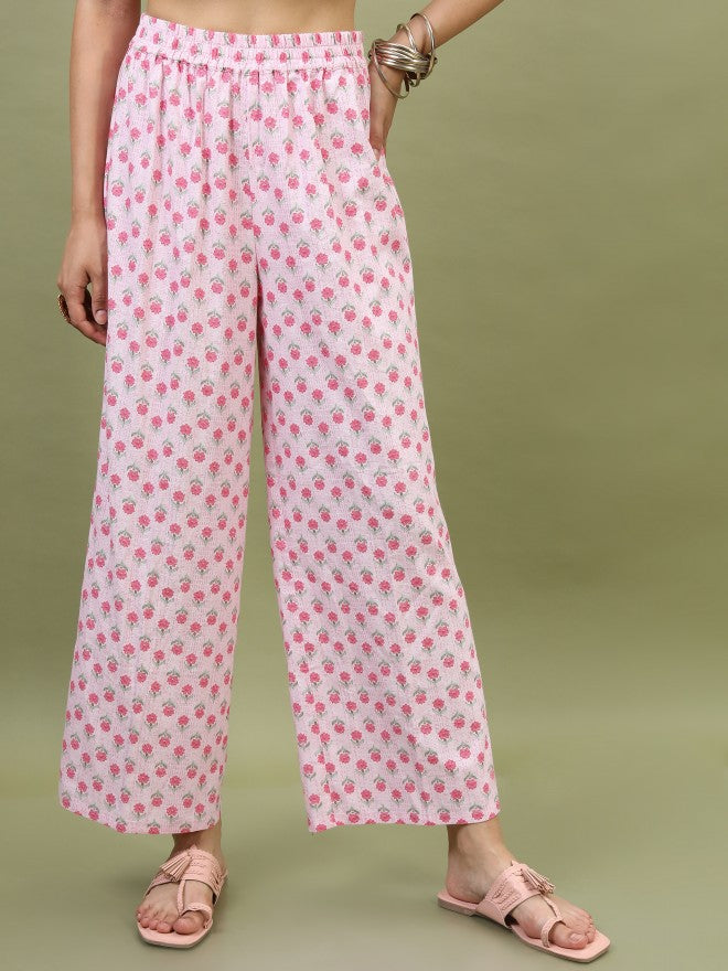 Vishudh Pink Floral Printed Straight Kurta With Palazzo And Dupatta - Pink - Image 8