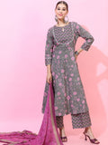 Vishudh Women Grey/Purple Floral Printed A-Line Kurta And Palazzo And Dupatta - Grey - Image 1