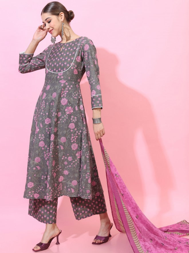 Vishudh Women Grey/Purple Floral Printed A-Line Kurta And Palazzo And Dupatta - Grey - Image 2