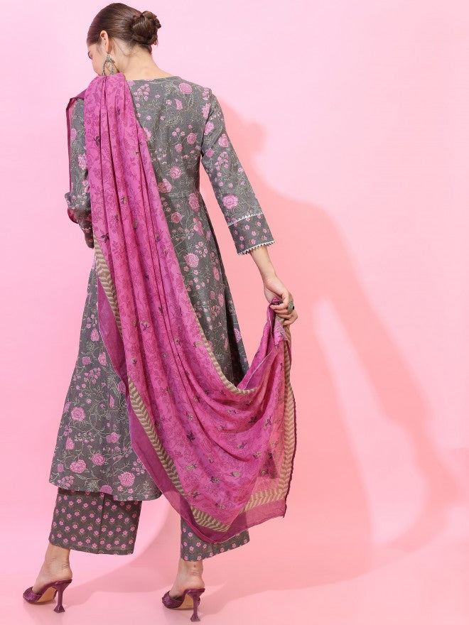 Vishudh Women Grey/Purple Floral Printed A-Line Kurta And Palazzo And Dupatta - Grey - Image 3